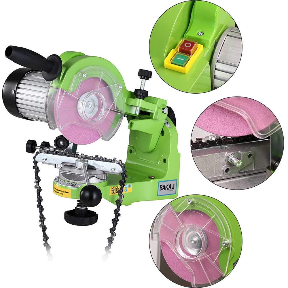 Bakaji - Afilador de cadenas eléctrico de banco para cadena de motosierra, con apriete automático y ángulo de afilado ajustable, potencia 230 W, 3000 rpm, 2 discos 145 mm incluidos