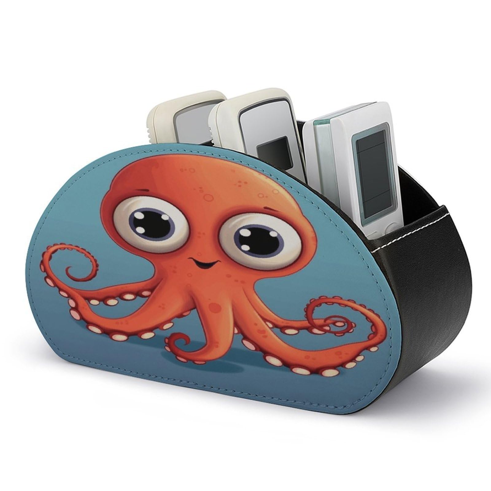 FekiLoot Big-eyed Red Octopus TV Remote Control Holder with 5 Compartments Multi-functional Leather Bedside Table Remote Caddy Desktop Storage Box for Store Pen Controller Media Player Cosmetic