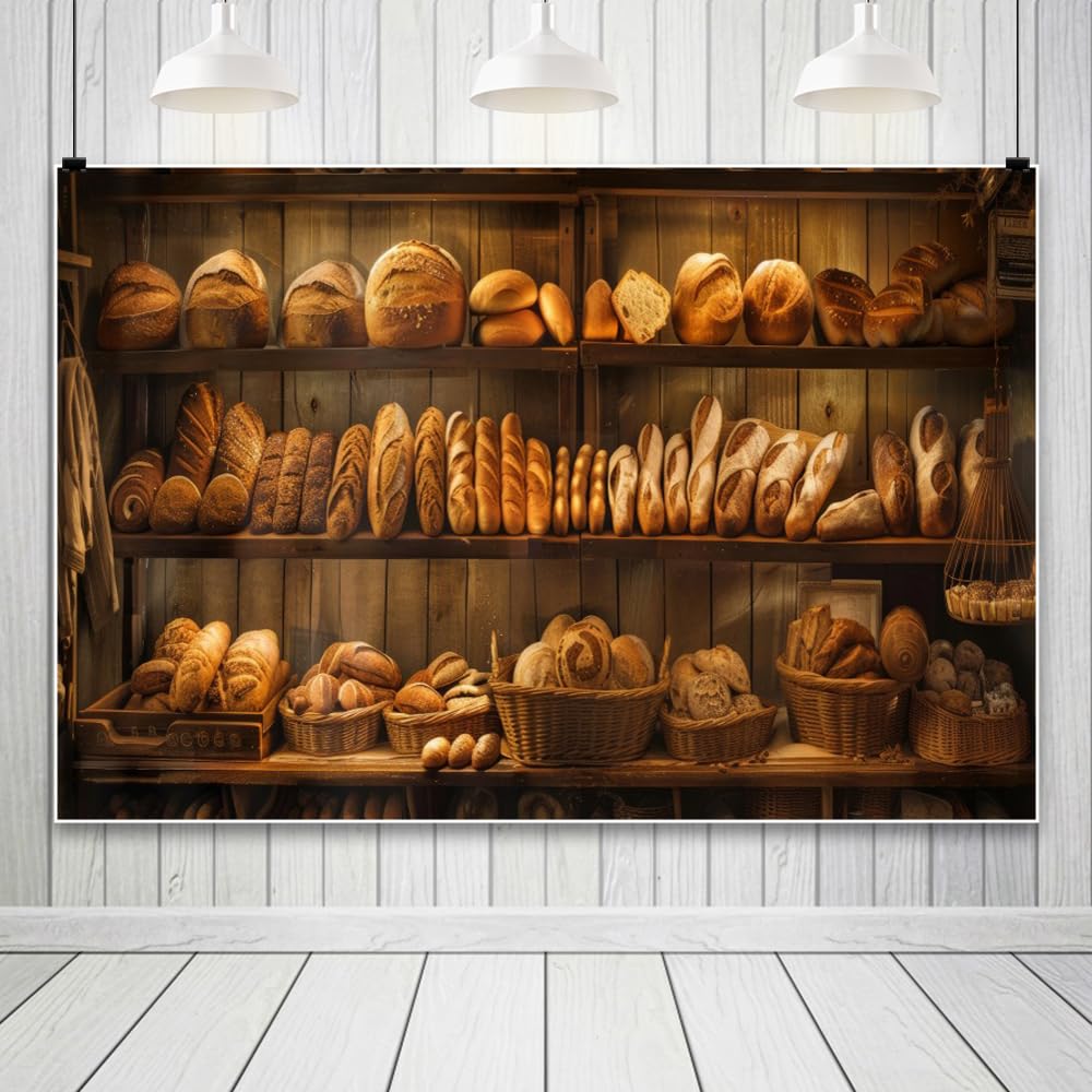 Bakery Shelf Backdrop Banner 59x39.3Inch Fabric Baby Chef Baking Theme Cake Smash Photography,Bread Baguette Showcase Photos Baking Course Backdrop