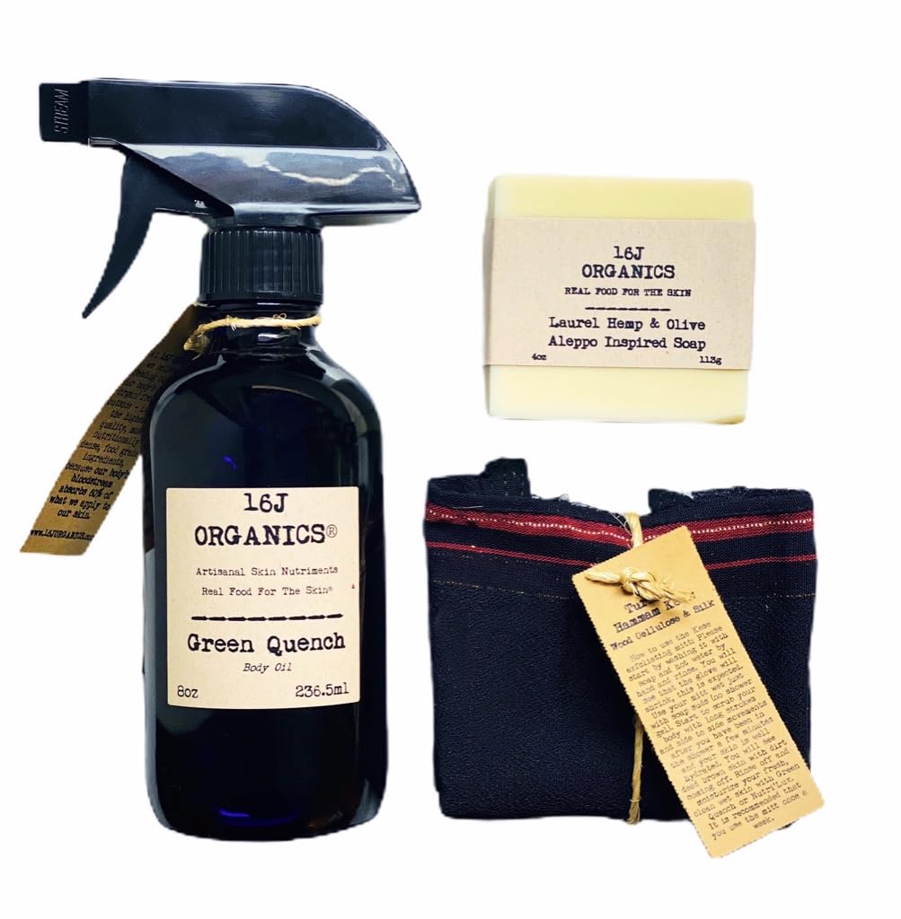 Spa Set - Turkish Bath Hammam Inspired - Organic 100% Natural 8oz Green Quench, Body Oil Moisturizer - Traditional Kese Scrub Mitt - Artisan Laurel Berry Aleppo Influenced Soap