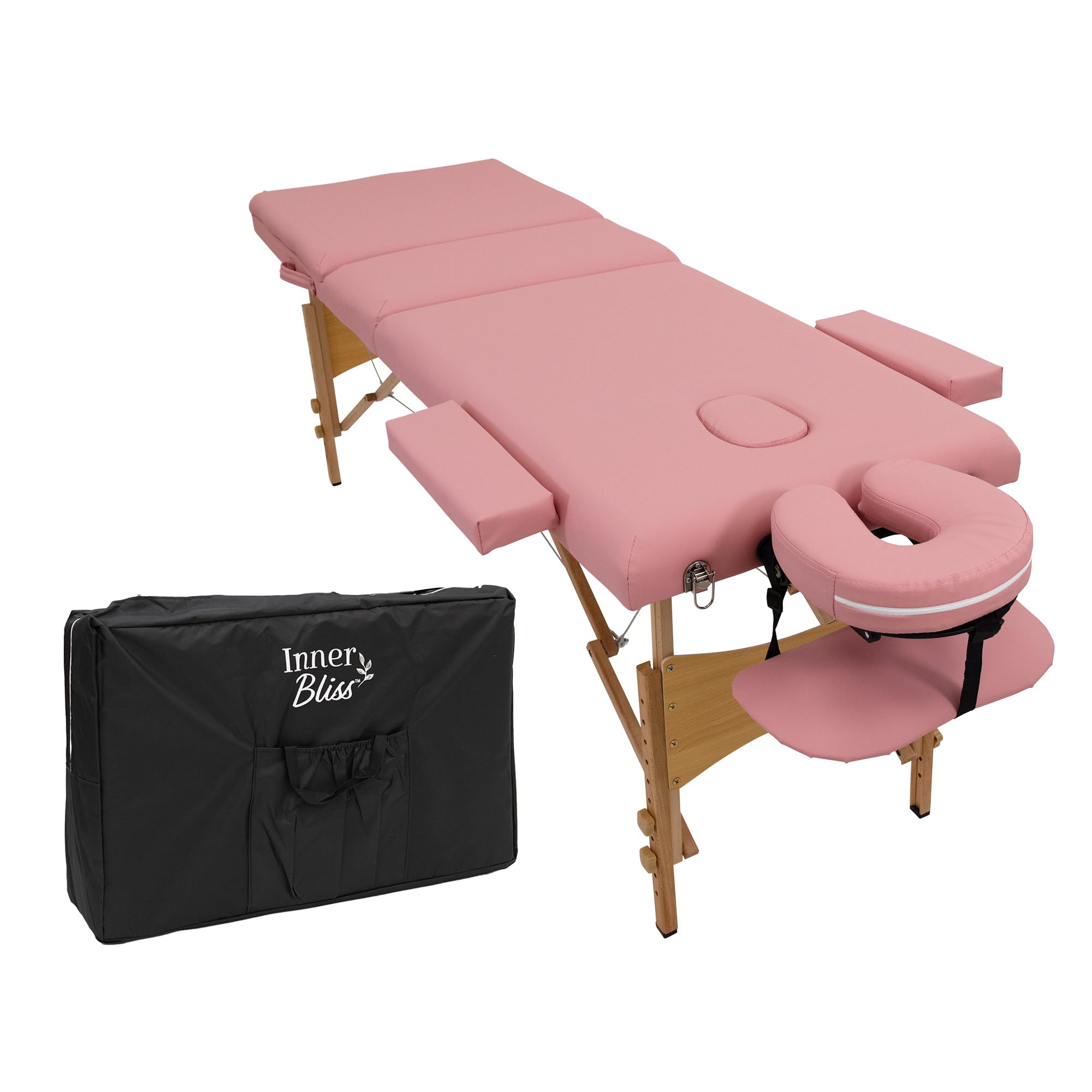 Inner Bliss Light Pink Portable Massage Table 3 Section Folding Therapy Couch With Wooden Frame And Face Cradle (Light Pink)