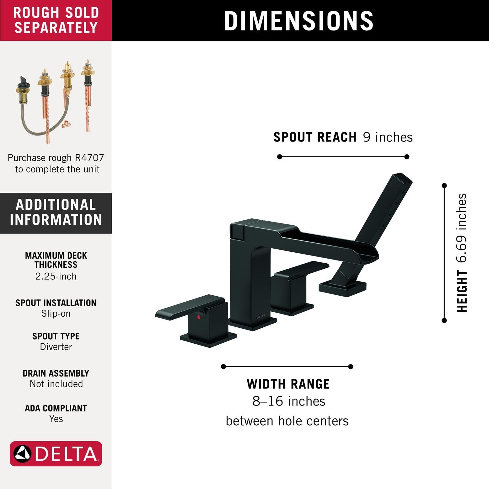 Delta Ara Channel Roman Tub Faucet with Hand Shower, Matte Black