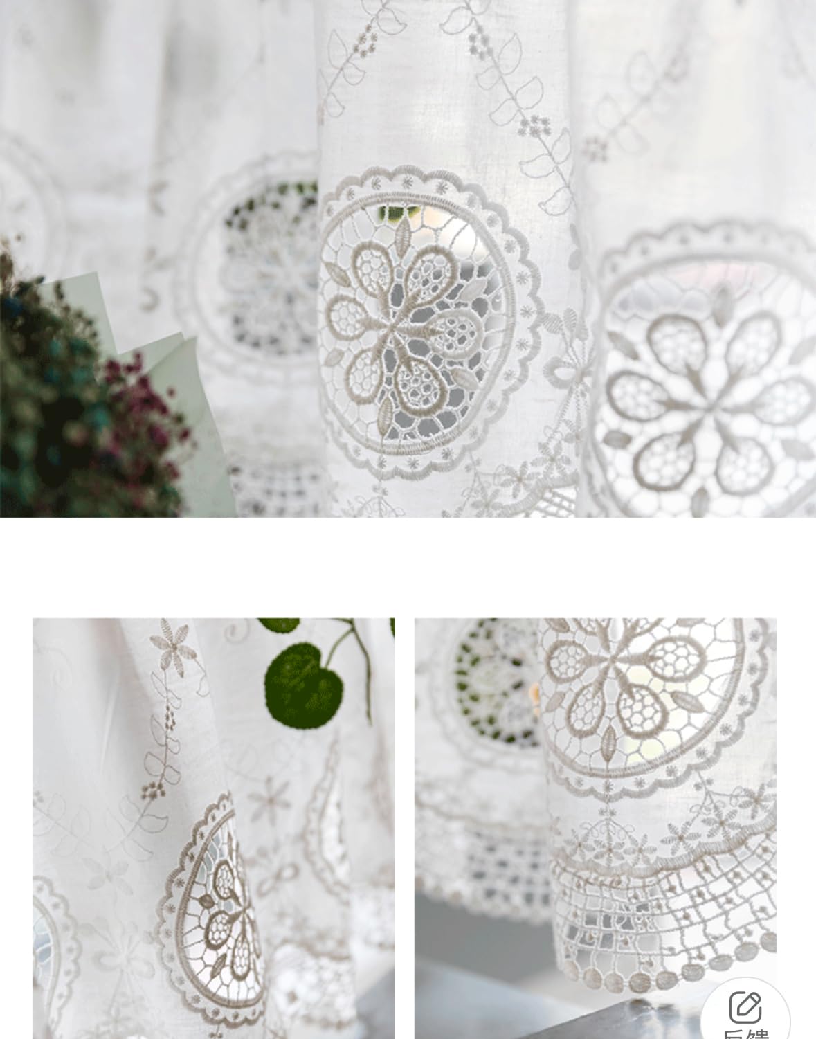 Baumwolle Scheibengardine mit Spitzenstickerei Weiß HxB 70x200cm | Kurstore mit Stickerei Blumen Landhausstil Halbtransparente Bistrogardine mit Tunnelzug für Küche, Fenster & Café 1 Stück