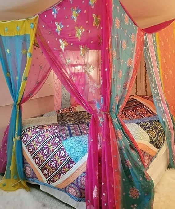 YILLE Bed Canopy King in Stock Curtains Bohemian Hippie Boho Decor India Fabric Silk Made to Order Queen Assorted