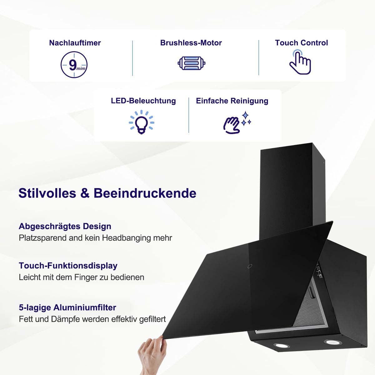 SNDOAS Dunstabzugshaube 60cm 550 m³/h Abluft/Umluft Aktivkohlefilter Energieeffizienz A++ Schwarz