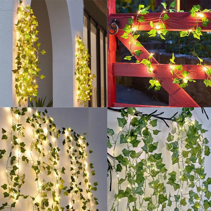 Artificial Green Leaved Vine Plant Fairy String Lights, Plants Hanging Garland Faux Greenery Leaves Bedroom Decor For Wedding Home Decor (Warm Light