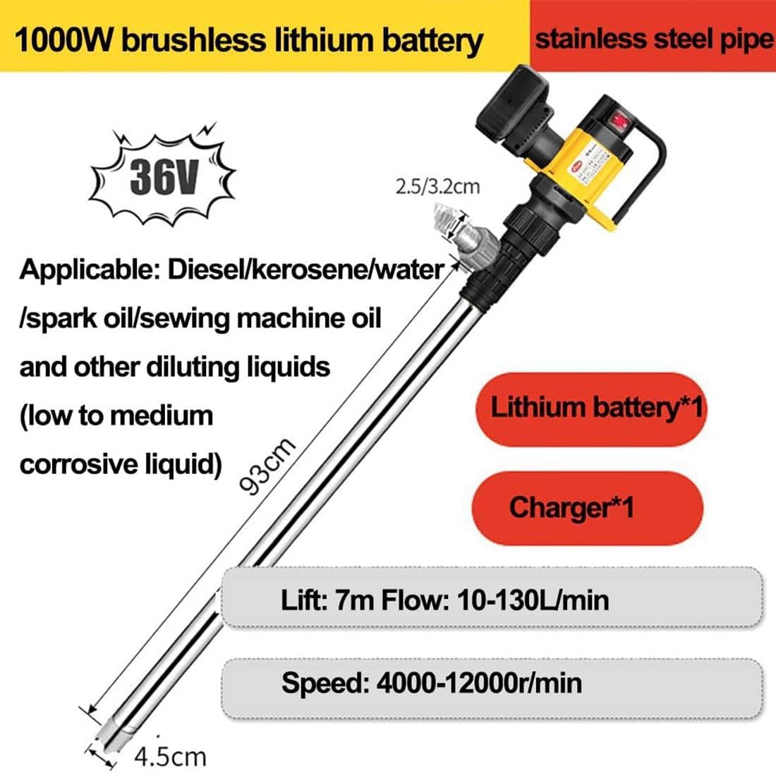 Bomba de transferencia de aceite inalámbrica con motor sin escobillas, flujo ajustable de 10-130 l/min, cabezal de 7 m para aceite de motor, combustible, líquidos de alta viscosidad