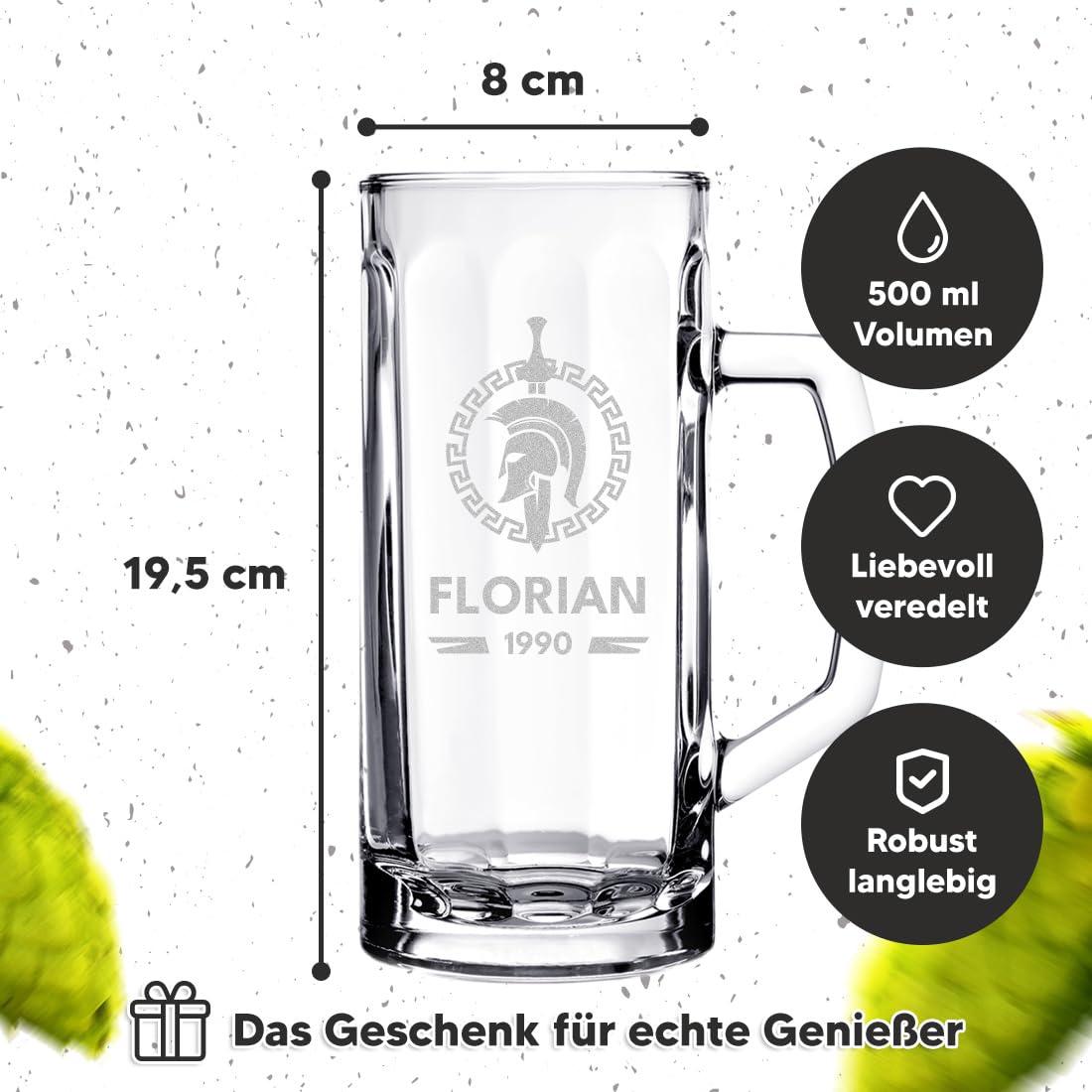 polar-effekt 2-tlg Set Bierkrug 0,5 L & Holzkiste mit personalisierter Gravur - Geschenke für Männer zum Geburtstag - Bierglas für Weißbier, Pils und Export