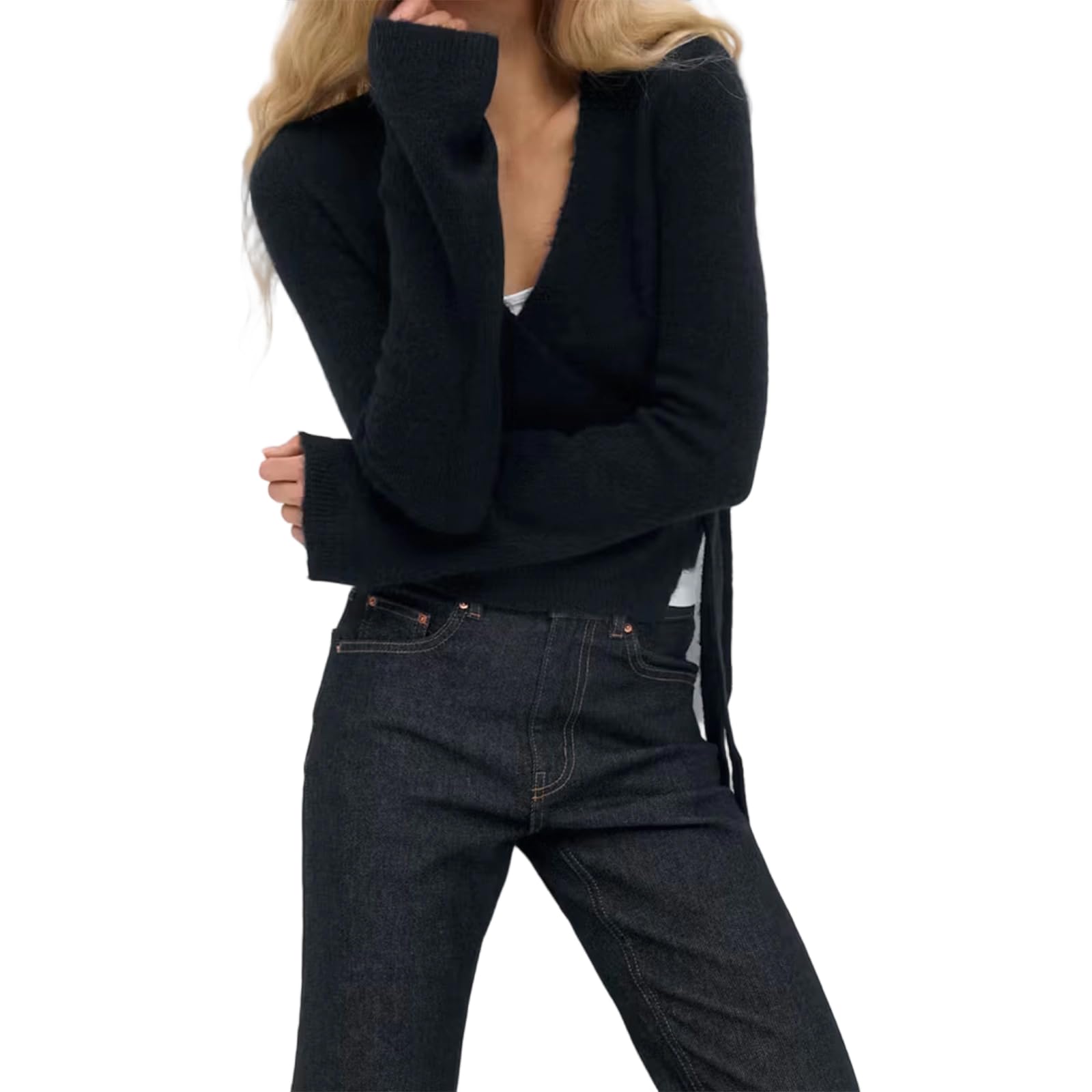 Women Wrap Sweater Tops Long Sleeve V Neck Side Tie Ballet Wrap Cardigan Tops Lightweight Fitted Cropped Sweaters