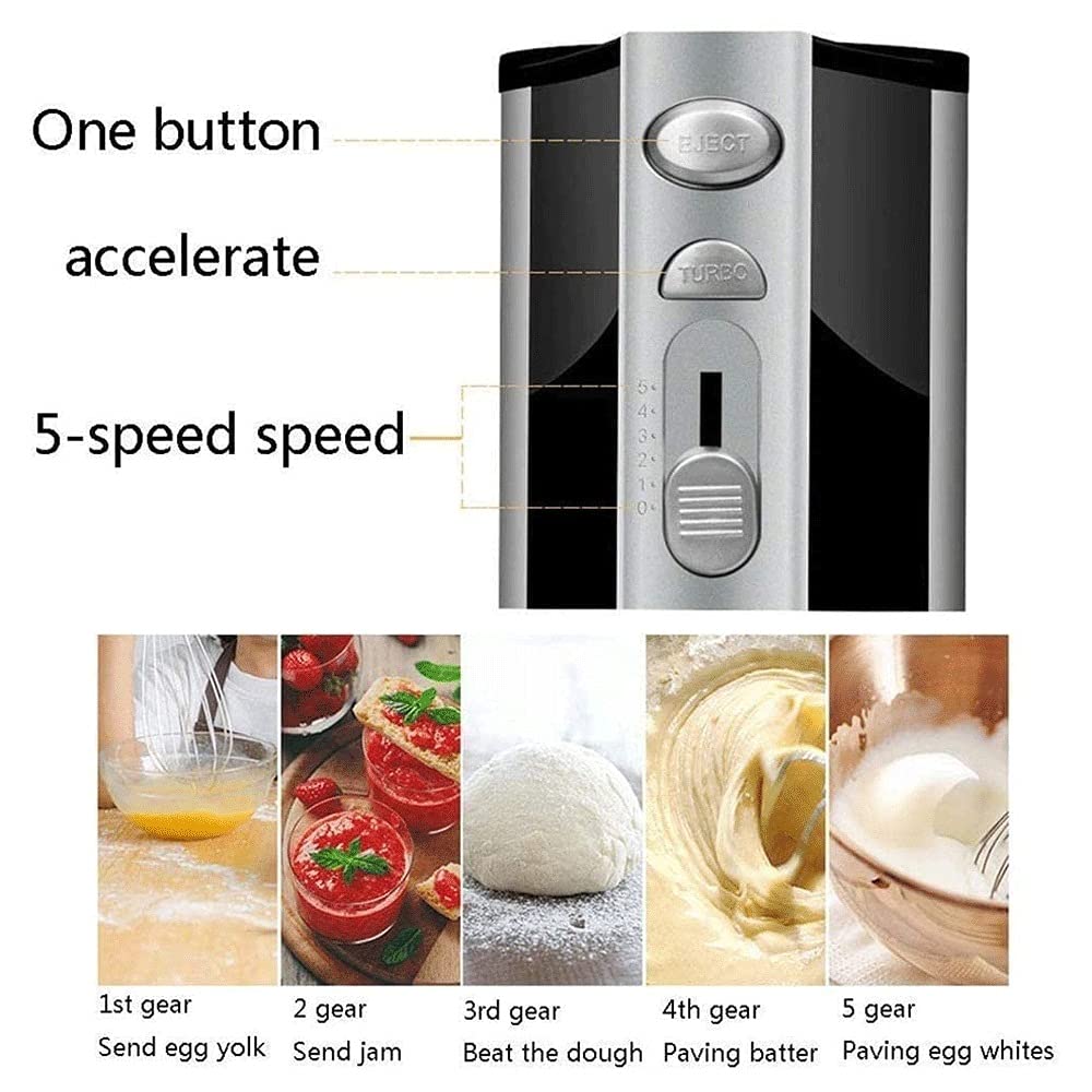 Mezcladores de Mano para el hogar Cocina de Mano Negro 5 velocidades con función Turbo Batidor eléctrico, Incluye batidores de Acero Inoxidable Resistentes y Ganchos para Masa