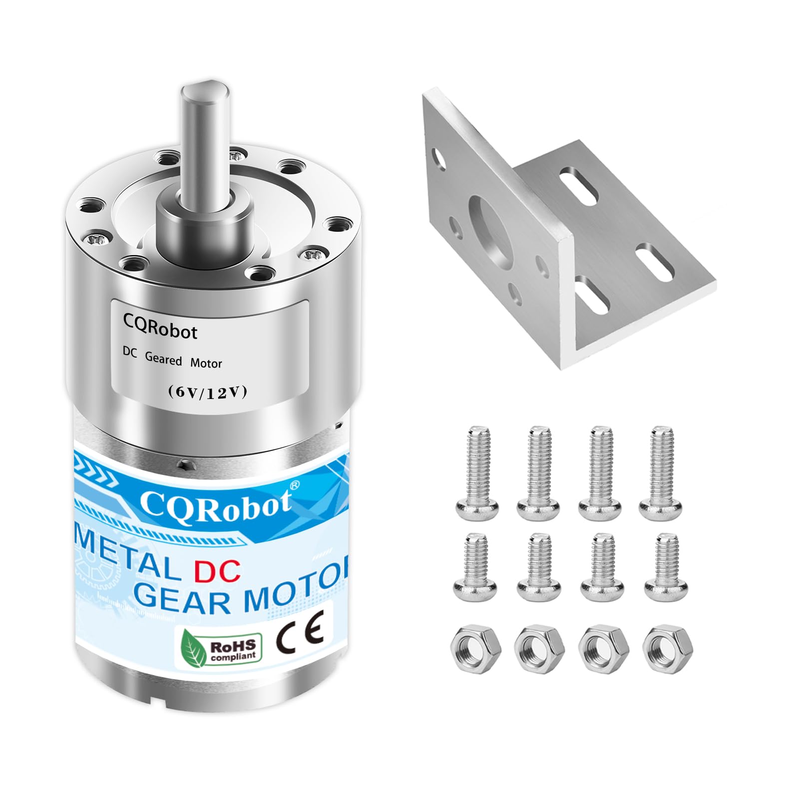 CQRobot 70:1 Metal DC Geared-Down Motor 37Dx54.8L mm 6V or 12V with Mounting Bracket Kit. 6V-5W-75RPM-15 kg.cm(208 oz.in), 12V-10W-150RPM-27 kg.cm(375 oz.in), D-Shaped Output Shaft Long 16mm.