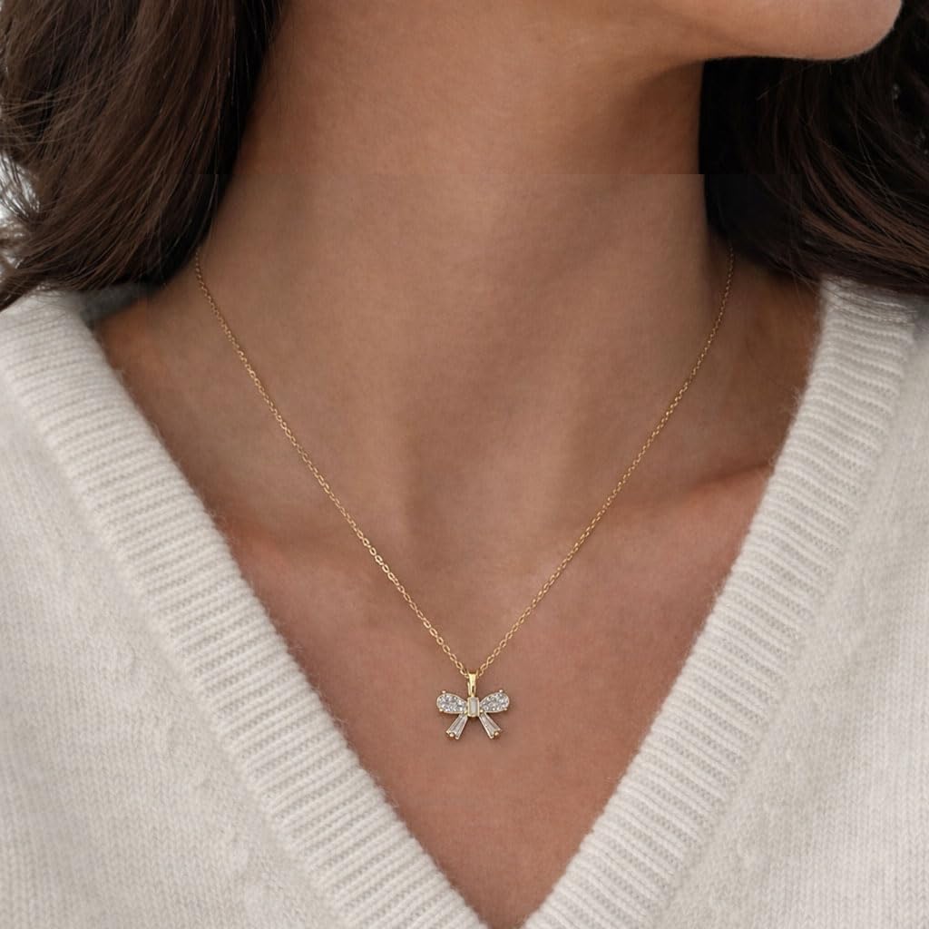 SWEET PEEPS 18K Gold Plated CZ Bow Necklace for Women, Dainty Cubic Zirconia Bow Pendant, Minimalist Gold Jewelry for Everyday Wear - Image 7