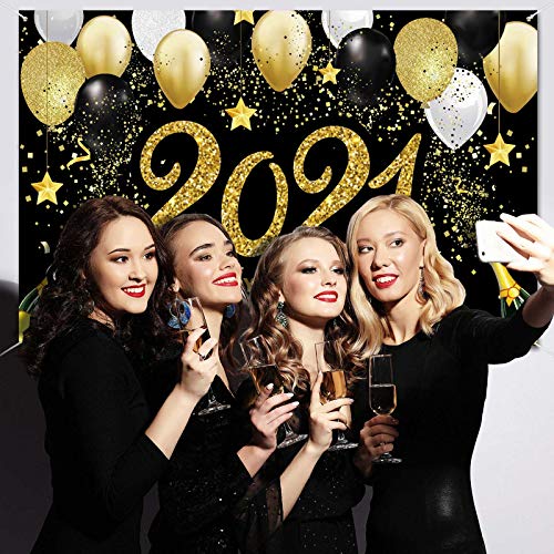 2021 Happy New Year Photograph Backdrop Decoration Black and Gold Happy New Year\'s Eve Banner Fabric New Year Background with Glitter Balloon Star for New Year Party Celebration, 72.8 x 43.3 Inch