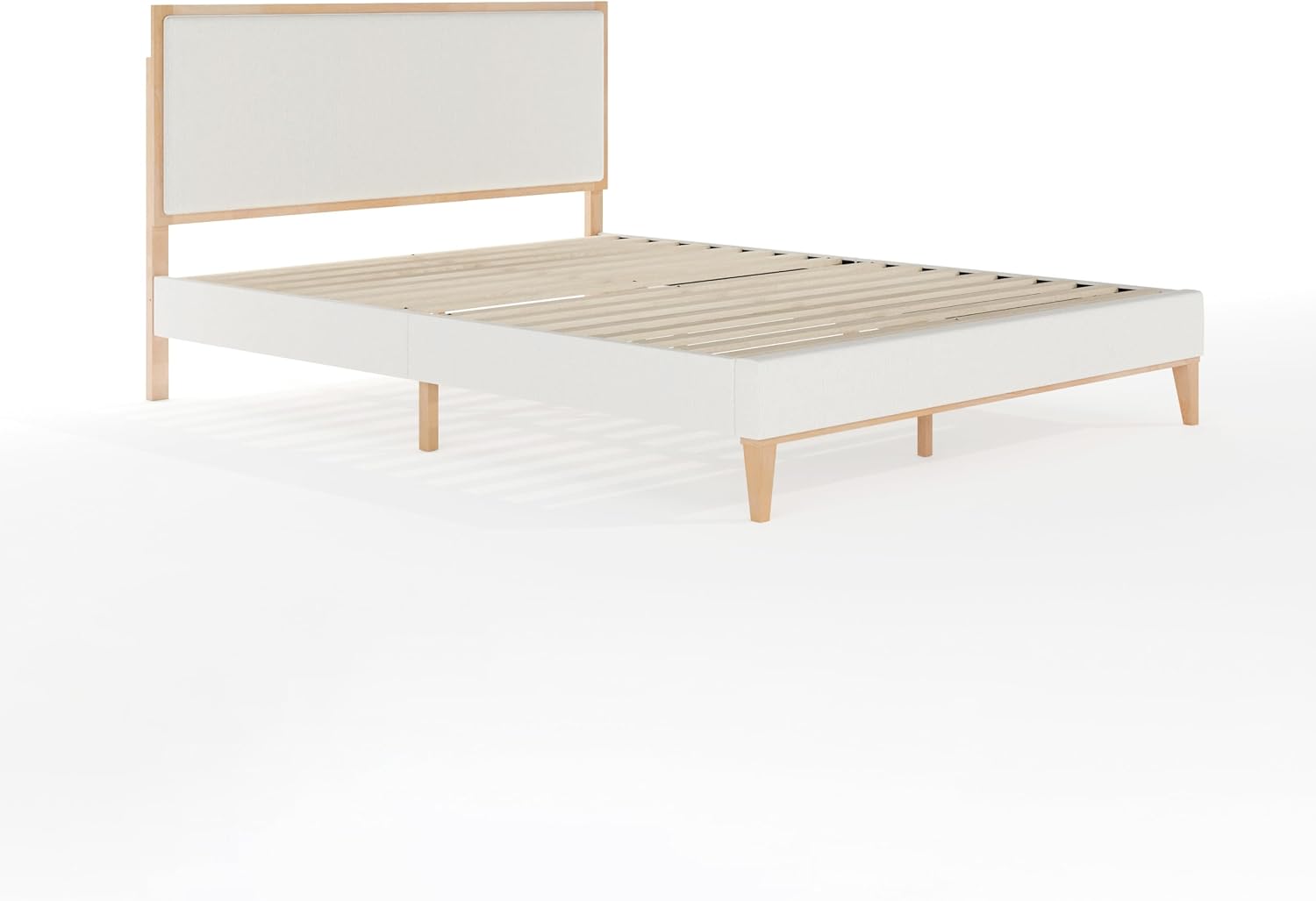 Martha Stewart Flynn Platform Bed with Headboard, Fabric Upholstered Inset Headboard and Base, Solid Wood Frame, No Box Spring Needed, Queen, Light Beech/Snow