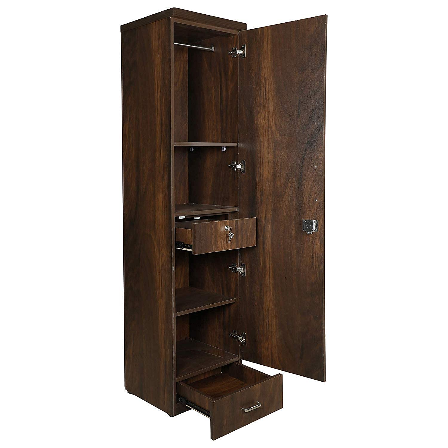 CASPIAN Engineered Wood 1 Door Wardrobe | Pre-Assembled Wooden Almirah for Bedroom Storage | Single Door Cupboard with Drawer, Hanging Space & Shelves | Compact Clothes Organizer | Brown 2