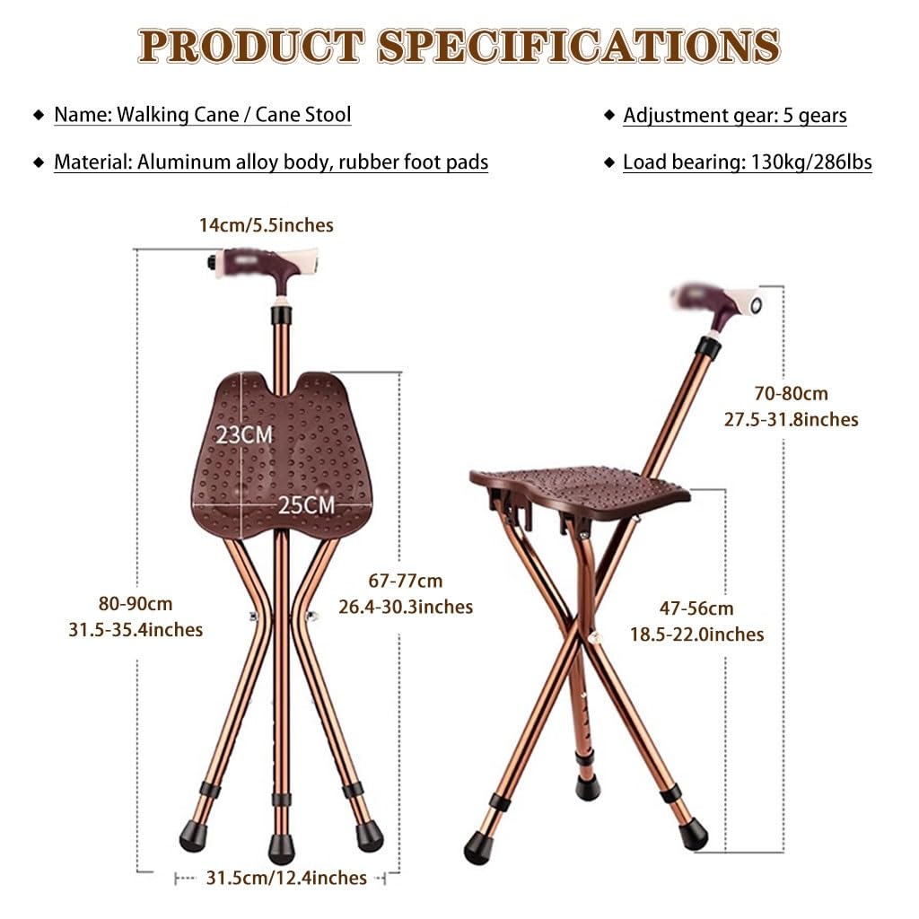 Bastón Bastón Extensible Silla con Muleta De Altura Ajustable, Taburete De Caña con Asiento En Forma De Mariposa, Andador Ligero Portátil, con Luz LED(Brown Color)