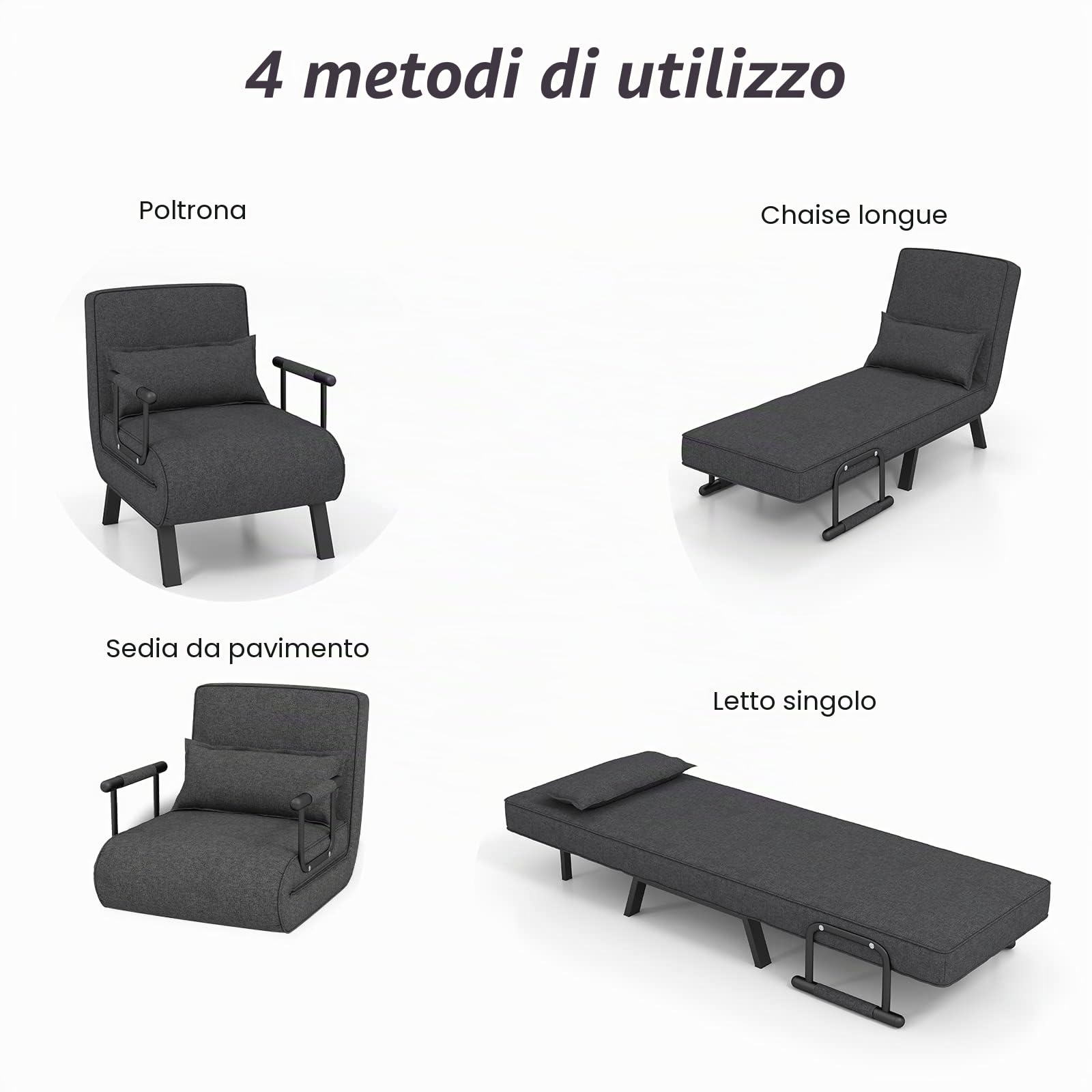 LIFEZEAL Poltrona Letto, Divano Letto, Divanetto Singolo, Schienale Regolabile, Imbottito in Spugna, Telaio in Acciaio, con Materasso, Cuscino, Braccioli, Relax, Soggiorno, Ufficio, Max150 kg, Grigio