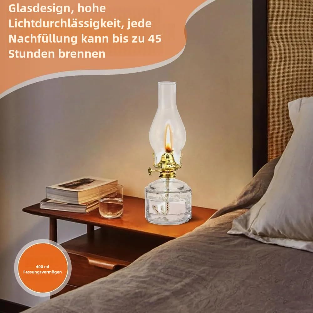 PORFOYO Petroleumlampe Vintage - Öllampe Aus Glas 20cm Mit Regulierbarer Flamme
