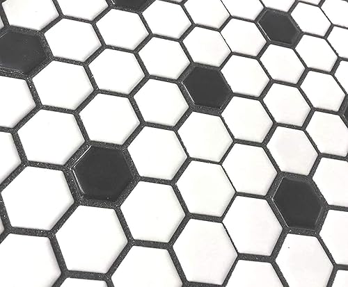 Squarefeet Depot FDXMHMWD - Azulejo de porcelana hexagonal retro para suelo y pared, 10.25 x 11.75 pulgadas, blanco mate con puntos negros