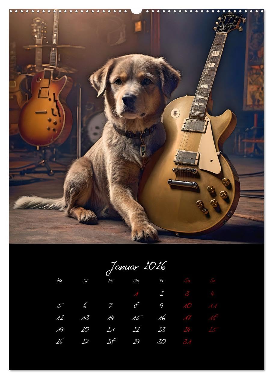 Gitarren und Hunde mit Herz (Wandkalender 2026 DIN A2 hoch), CALVENDO Monatskalender: Amüsante Darstellungen von Hunden, die mit Stolz die Gitarre ihres Herrchens präsentieren (CALVENDO Kunst)
