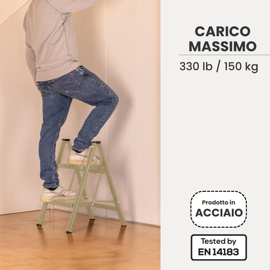 Vigar Scaletta a due gradini, pieghevole fino a 150 kg, leggera, in acciaio antiscivolo, con manico in metallo, scala pieghevole per la casa, Verde | Scaletta leggera in acciaio antiscivolo con manico in metallo, scala pieghevole per casa, sgabello a 2 gr