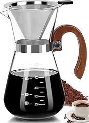 Cafeteira com Coador de Aço Inox, para 600ml, Coador de Cafe, Passador de Café Vidro Borossilicato com Cabo de Bambu e Filtro de Aço Inoxidável Reutilizável de Dupla Filtragem, Coador de Cafe Vidro