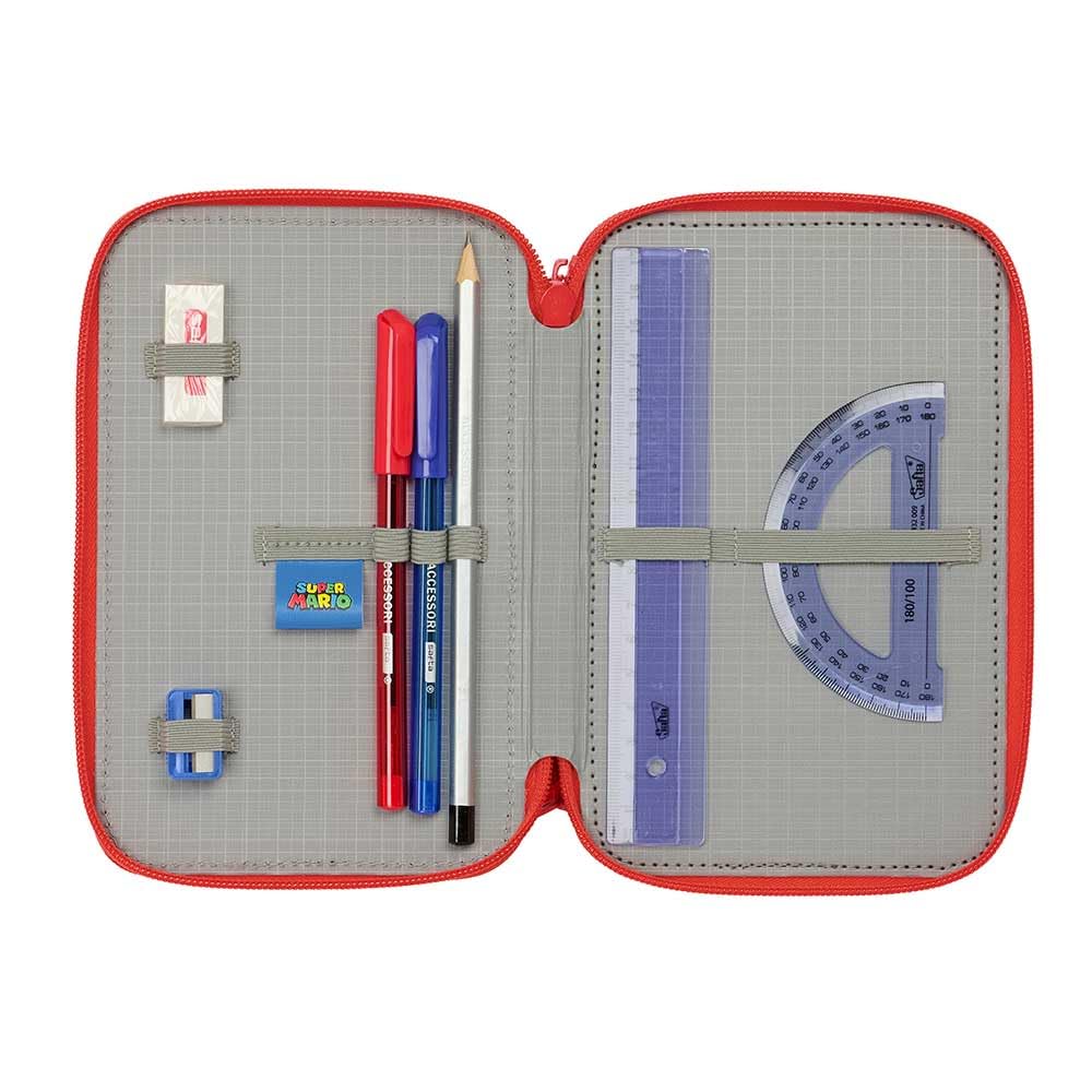 Safta Astuccio triplo Super Mario, 37 pezzi, astuccio scolastico con 3 scomparti e cerniere, include 16 matite colorate, dimensioni 12,5 x 5,5 x 19,5 cm, astuccio scolastico 3 scomparti