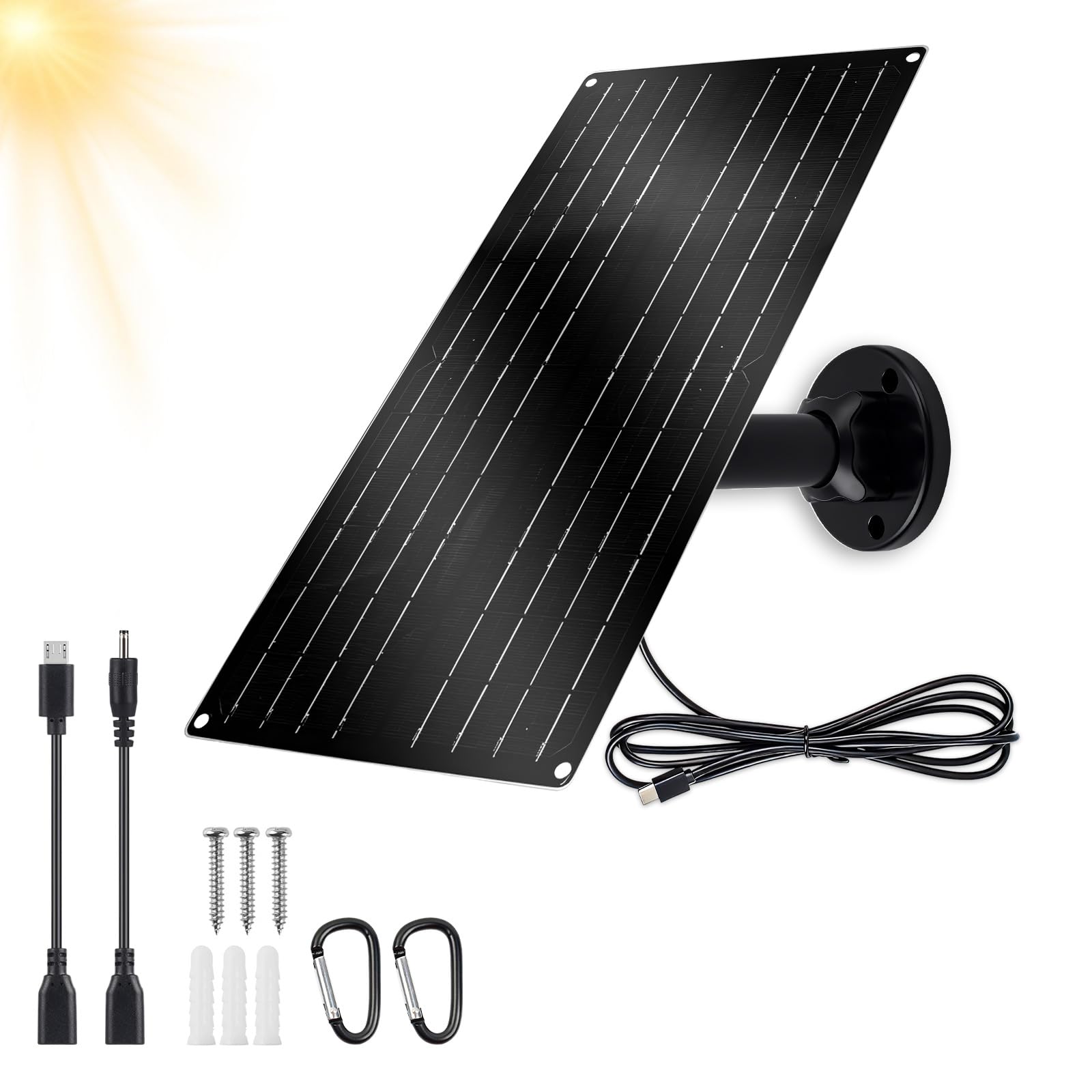Pannello solare ad alta potenza da 12 W per telecamera di sicurezza, caricatore solare USB-C da 5 V con adattatori micro USB e barile, resistente alle intemperie per il monitoraggio continuo di casa e
