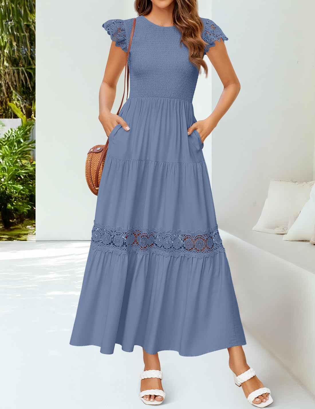 ZESICA Women's Casual Crew Neck Flutter Sleeve Smocked High Waist Hollow Out Lace Trim Tiered A Line Midi Dress - Image 3