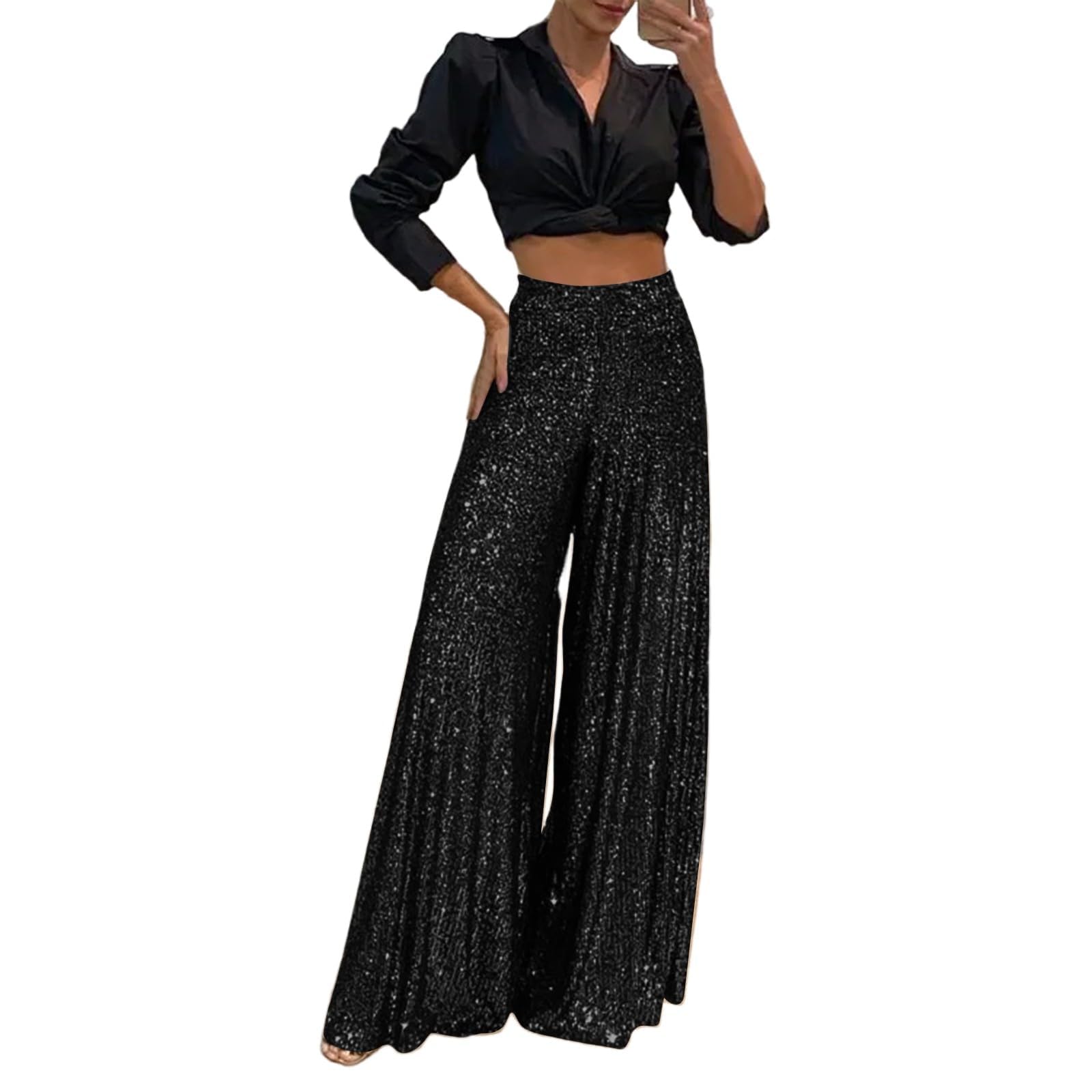 Pantalon à paillettes pour femme - Large taille haute - Plissé - Pantalon Palazzo décontracté - Pantalon Marlene - Coupe ample