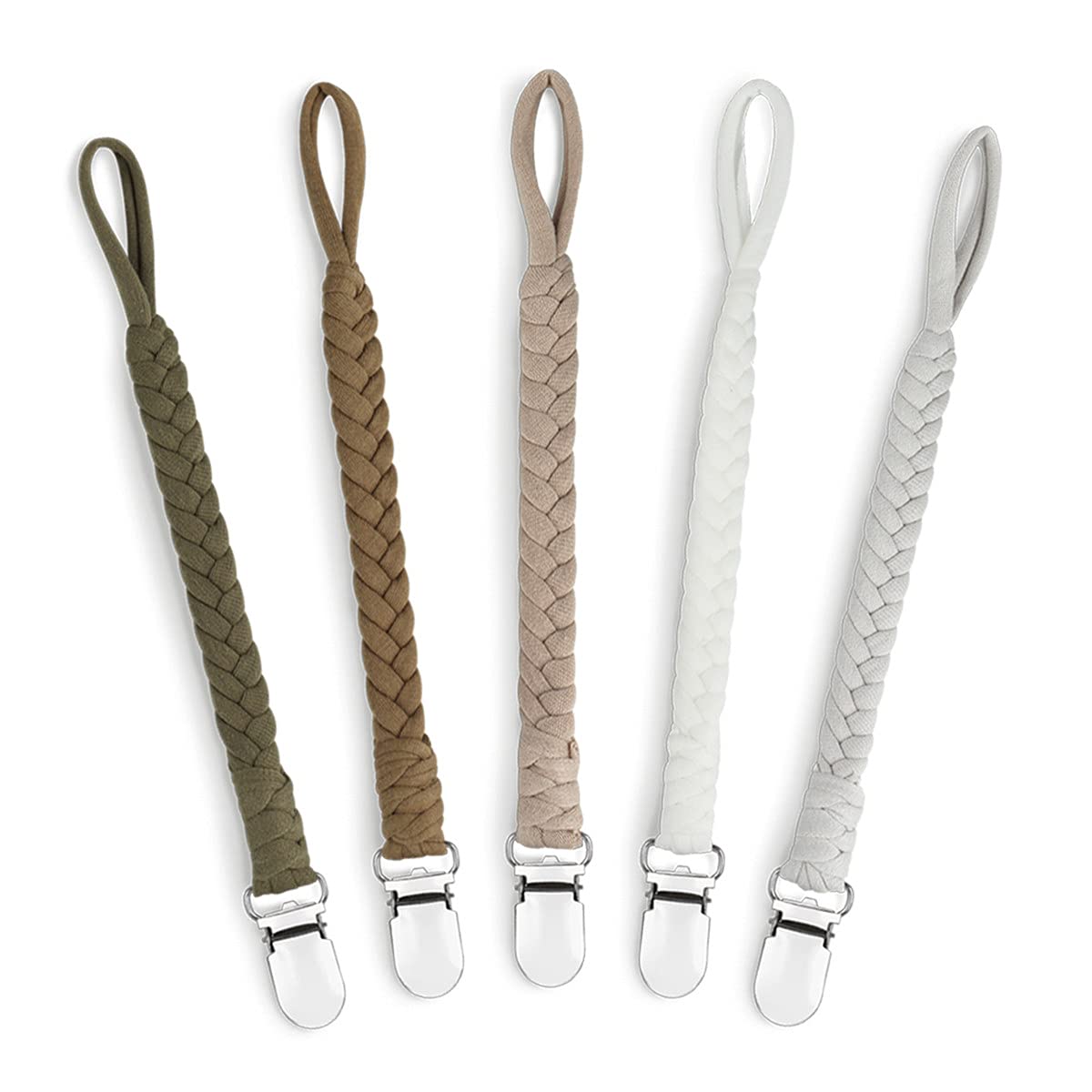 sugeesugee Dummy Clip for Boys and Girls Soother Chain Pacifier Holder Leash Smoother Clip 100% Handmade Braided Fits All Pacifiers -Modern Unisex Baby Birthdays Set（5 PCS）
