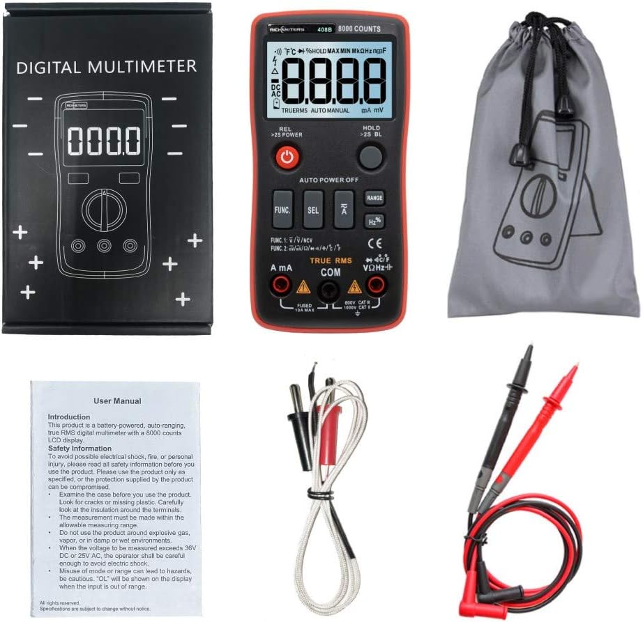 Digital True-RMS Multimeter RM408B 8000 Counts Temperature Test 5MHz Frequency ACDC Voltage Current 9.999mF Resistance Capacitance