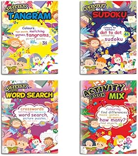 FANCY GOOSE® Activity Colouring Books for Children | A4 Size Pack of 4 | Tangram Picture Puzzles Word Search Sudoku Colouring Book Pack for Kids Age 4+ | Colourful 96 Pages in Total for Fun Play Learn