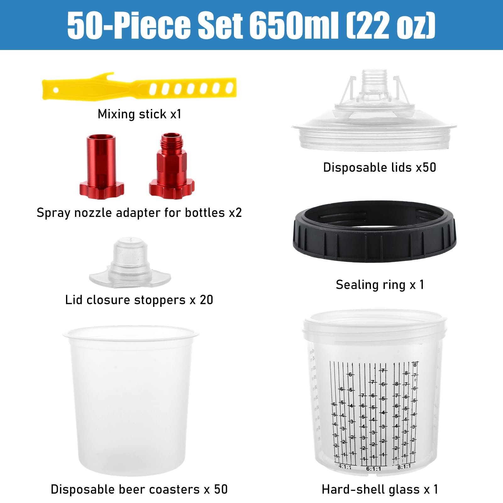 APACALI 50 sztuk kubków do mieszania farb 600 ml, pistolet natryskowy do mieszania, do pistoletów natryskowych HVLP i LVLP z 50 kubkami i pokrywkami, 1 twardy kubek z pierścieniem mocującym i 20