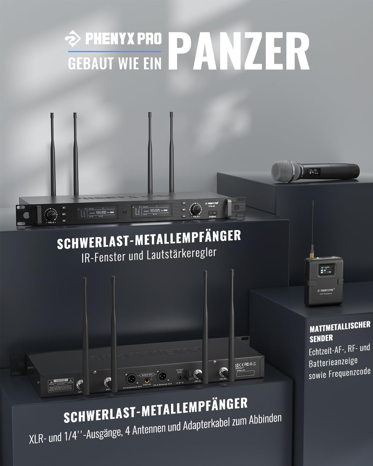 Phenyx Pro Wireless Mikrofon Karaoke funkmikrofon Set - Dual mikrofon kabellos, Auto Scan, 2x1000 Kanäle, inkl. Handheld/Bodypack/Headset/Lapel Mics für Bühne & Studio (PTU-2U-1H1B) | Auto-Scan, 2 x 1000 Kanäle, 300-328 ft Reichweite, Schnelle IR-Sync, He