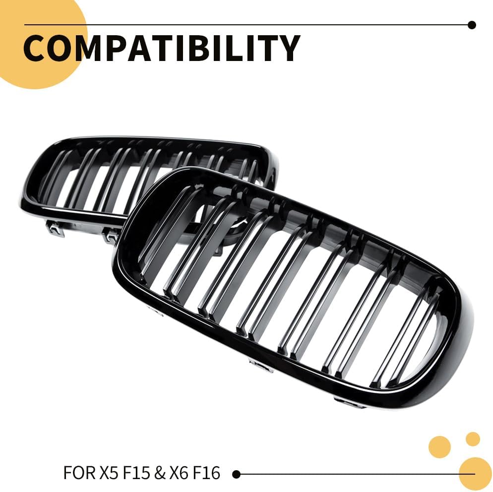 MAXDOM Replacement Front Upper Grill Fit for BMW (2014-2018) X5 F15 (2015-2019) X6 F16 X5M F85 X6M F86 – Gloss Black Double Slats ABS Grille