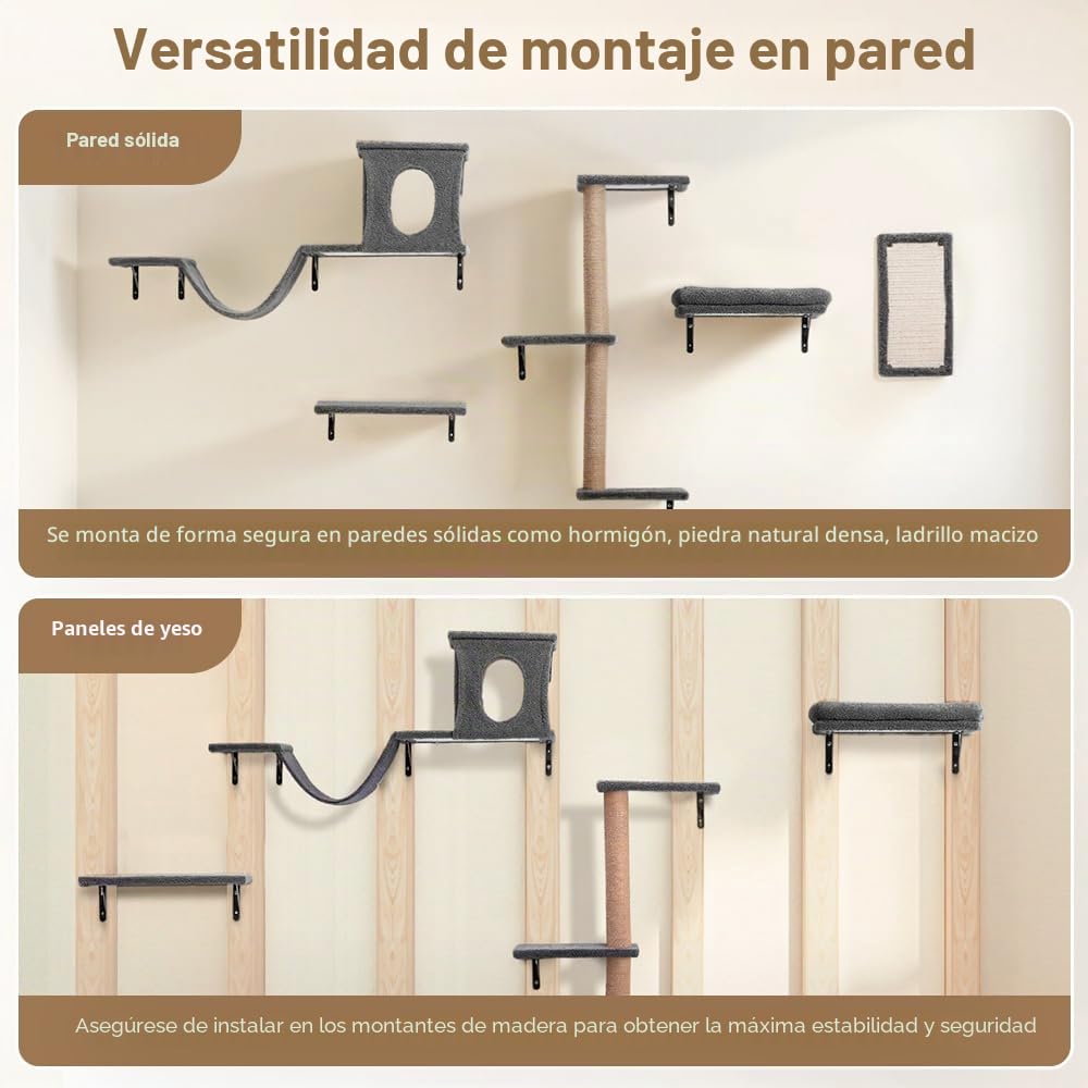PawGiant Estantes 5 en 1 para gatos, juego de muebles de pared de madera para escalar gatos, con estante montado en la pared, postes rascadores de árbol para gatos y rascador para gatos de interior