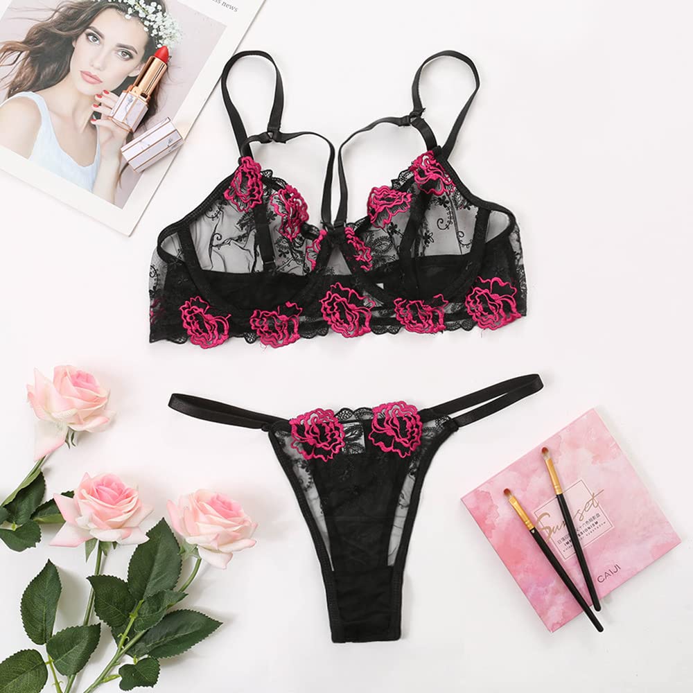 Sexy outfit Seksowne komplety bielizny z haftem w róże 2 szt. Biustonosz z fiszbinami w kwiaty z siateczki i sznurkiem Prześwitujące regulowane ramiączka Bielizna Dekolt w kształcie litery V Bielizna