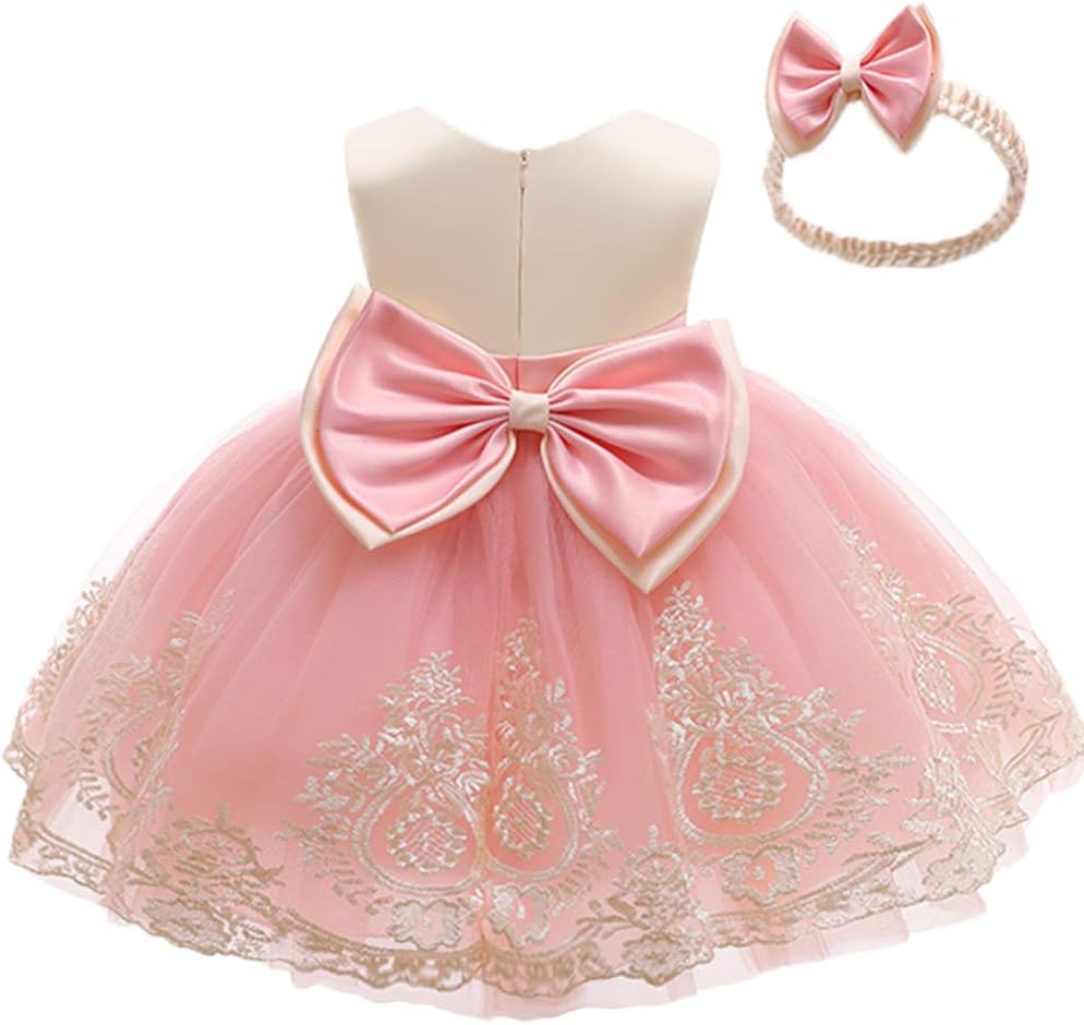 3M-6T Toddler Girls Lace Bowknot Dresses Baby Embroidery Gown Dress with Headwear