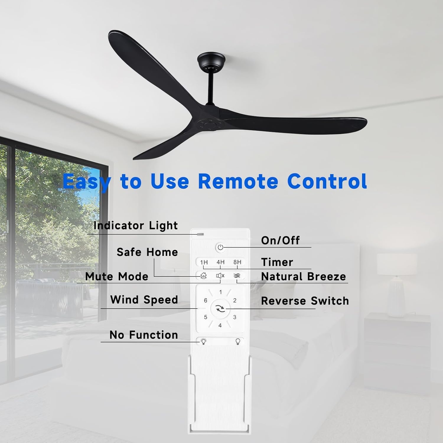 Bigzone 70" Black Ceiling Fan Without Light, 3 Solid Wood Blades, Outdoor Ceiling Fan with Remote, Reversible Motor