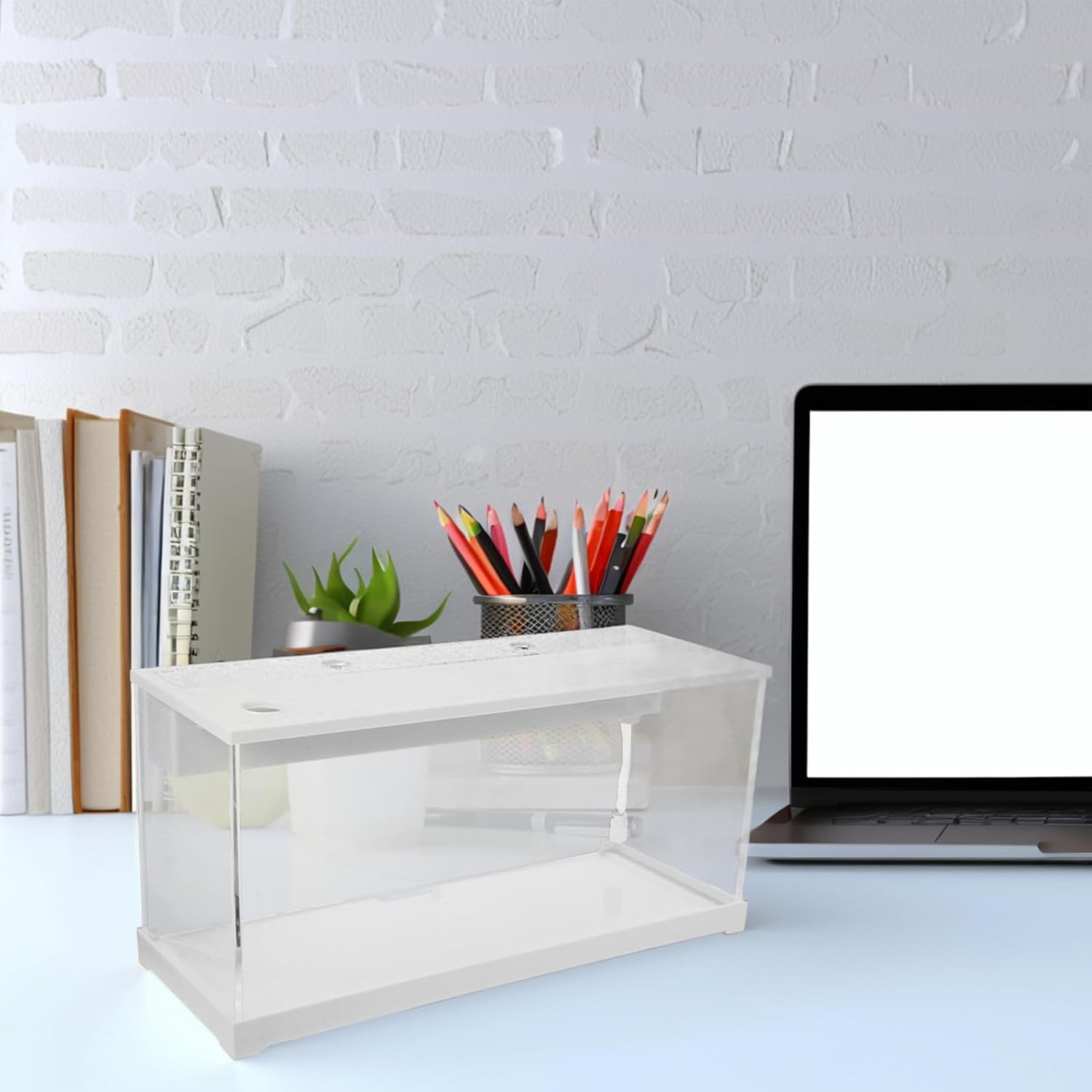 DOITOOL Small Acrylic Betta Fish Tank with LED Light and Silent Filter, Desktop Mini Aquarium for Home and Office Decor, White Waterless Circulation Aquarium Bowl