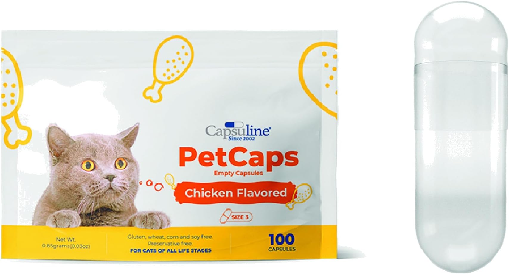 Capsuline PetCaps Size 3 Empty Gelatin Capsules for Cats of All Life Stages, Chicken Flavored - 100 Count| Hides Medicine Taste & Scent | Gluten Free, Kosher, Non-GMO Certified | Pure Bovine Pill Caps