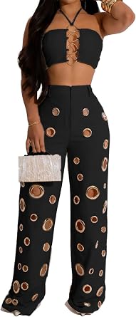 Recious Womens Sexy 2 Pieces Cut Out Holes Crop Tops Bodycon Wide Leg Pants Party Clubwear Tracksuit Outfits Set