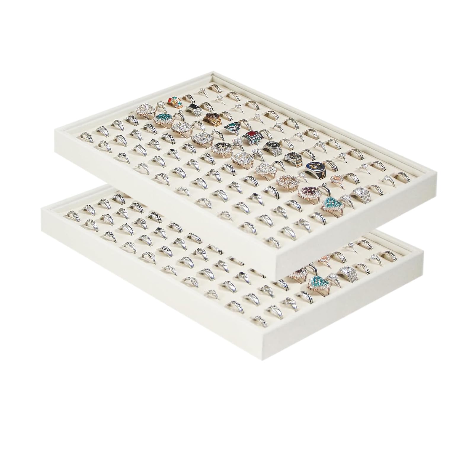 Justsoso 2pcs/Set Stackable Beige Velvet Ring Jewelry Tray, Large Storage Case for Rings Display, Jewellery Organizer Box for Home Drawer or Shop Store Selling Show