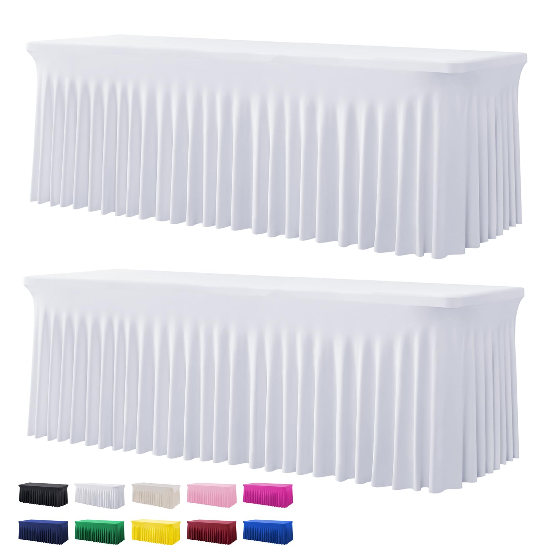 2 Pack White Spandex Tablecloths for 8 Foot Rectangle Tables, Wrinkle Free Stretchy Table Cloth 8ft Fitted Table Cover Desk Skirt for Parties Weddings