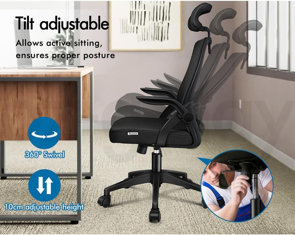 ZZH Office Chair demonstrating tilt, height adjustment, and 360-degree swivel