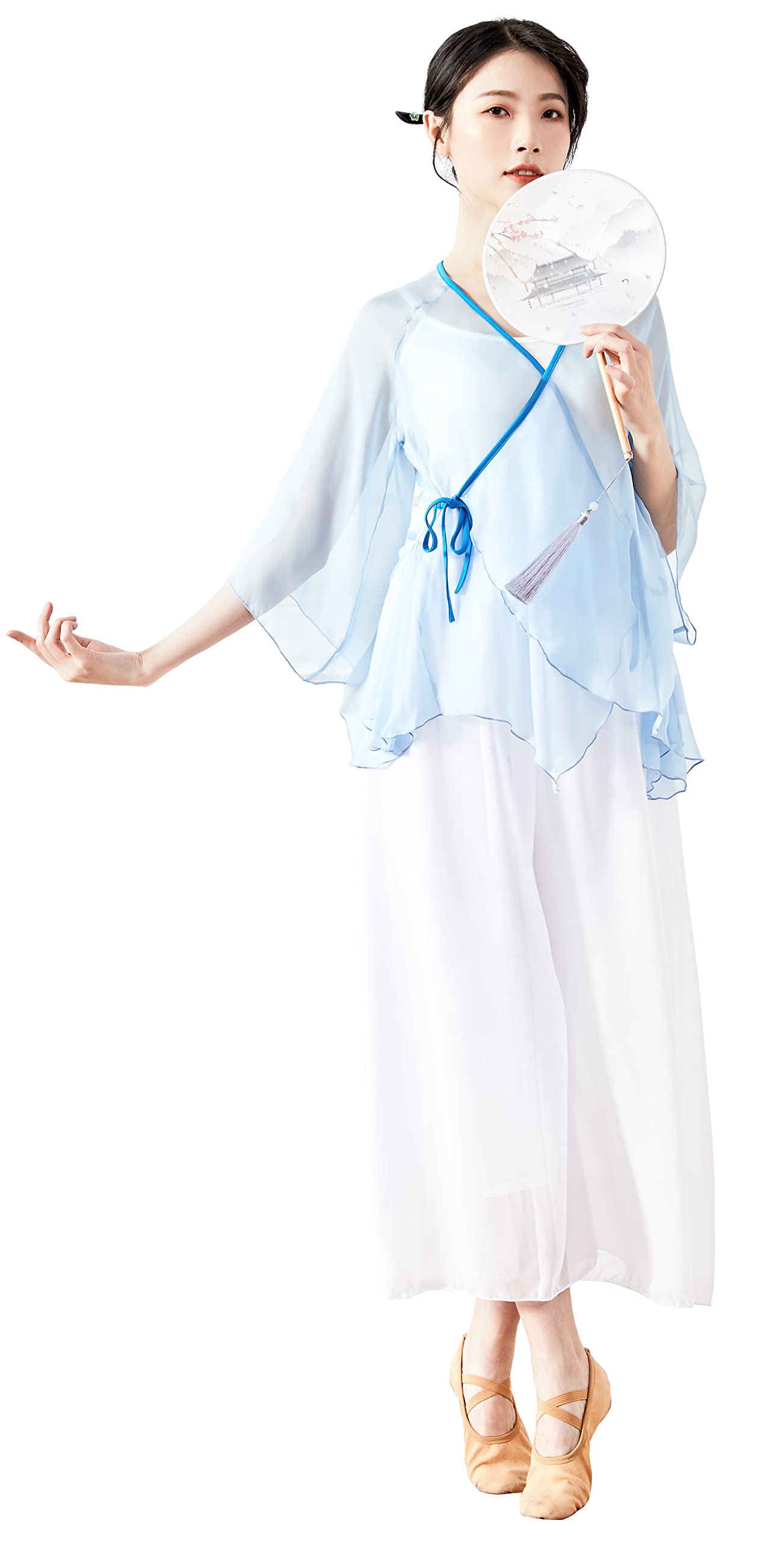 Angcoco Women's Chinese Irregular Hem Cardigan Sheer Dance Top Shirt