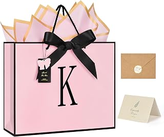 ZUKEPU Birthday Gift Bag, Personalized Initial Pink Gift Bags for Women & Girls, Medium Valentines Gift Paper Bags with Card and Tissue Paper, Stands up perfectly for Weddings, Party & All Holidays (Pink, K-Medium)