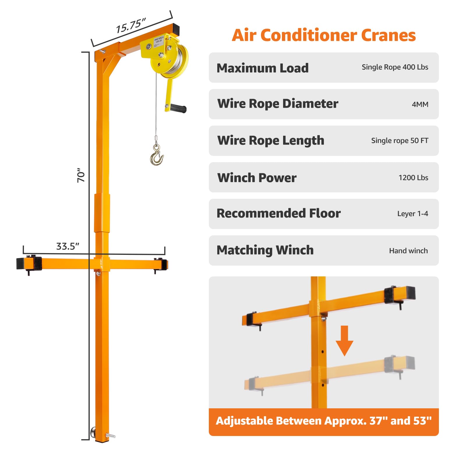 Klimagerät Hebewerkzeug, Hebehöhe Klimaanlage Hebekräne, 180 kg Tragfähigkeit, Kranhalterung für Installation von Außenklimaanlage, manuelle Winden, Orange