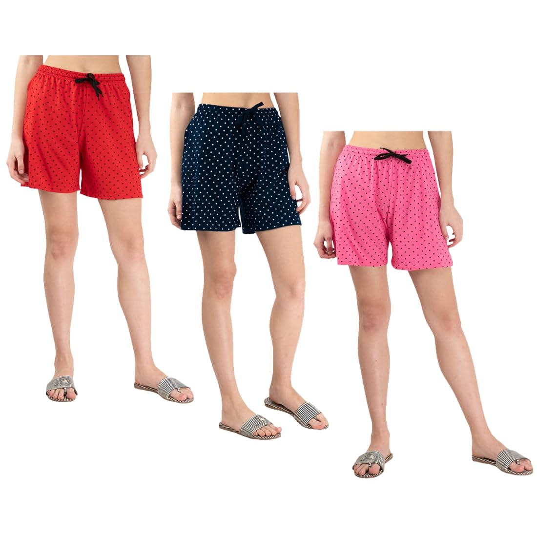kayu Pack of 3 Women’s Polka Dot Printed Shorts with Drawstring Waist – Comfortable Casual Lounge Wear, Breathable Fabric, Stylish Summer Sleepwear Shorts for Women Pink, Navy Blue, Red-picture-45